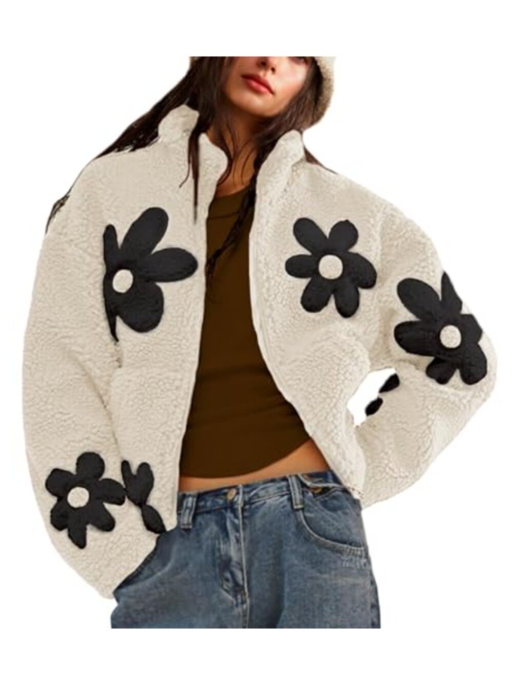 Women's Floral Print Sherpa Fleece Zip Jacket Cropped Oversized Coat Pockets